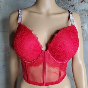 Victoria's Secret Red Lace Longline Push-Up Bra with Rhinestone Straps